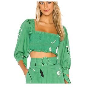 Capulet Gracia Smocked Puffed Sleeve Linen Cotton Green Carnivale Print Crop Top